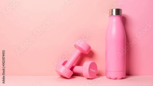 pink fitness dumbbells stacked beside a matching insulated water bottle against pink background, concept of health lifestyle wellness, workout, concept of fitness brand, gym equipment, health coaching