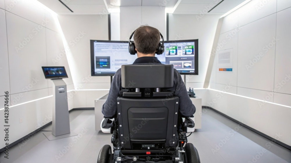 Fototapeta premium Healthcare technology, telemedicine and connectivity concept. Man in a wheelchair using technology in a modern workspace.