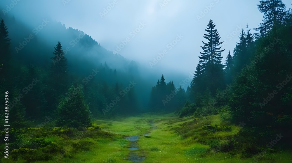 Misty mountain forest path in tranquil light. Misty mountain forest path in tranquil light.