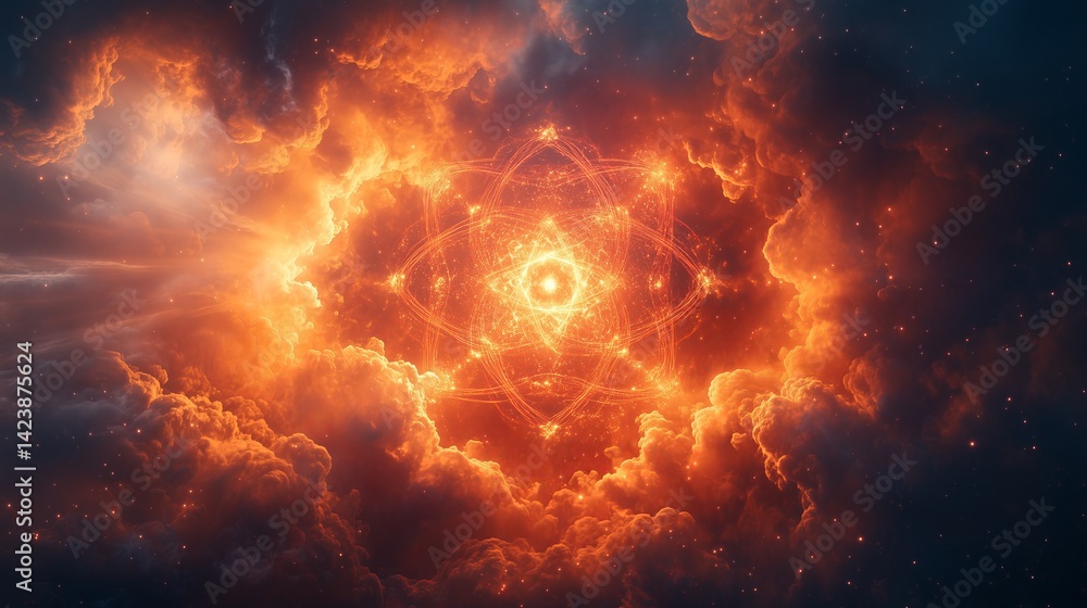 Naklejka premium Geometric and mathematical symmetric and spherical atomic cloud with a red glow from.