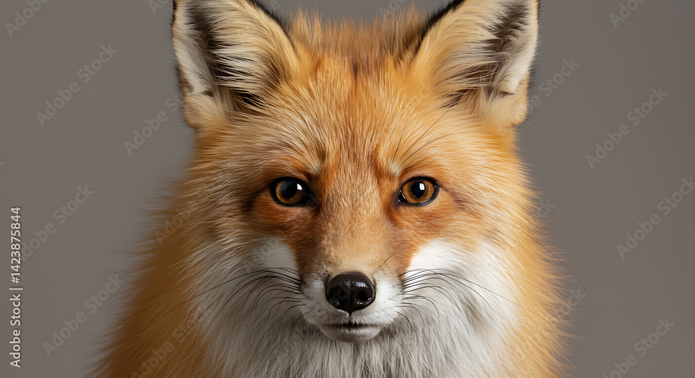 Fototapeta premium Direct Gaze: Portrait of a Red Fox with Intense Amber Eyes on Neutral Grey Background.