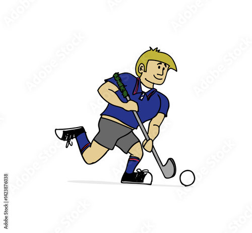 Photography Color cartoon vector illustration of a blond young man running while playing hockey with a stick and ball isolated on white background
