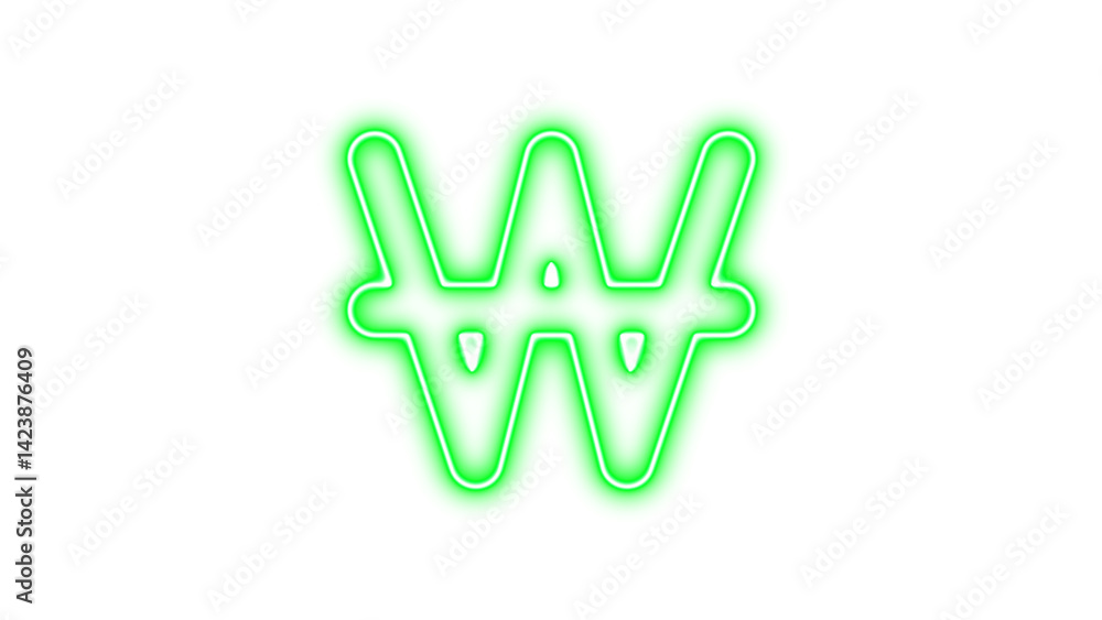 Neon won sign icon green color glow with transparent background Neon won sign icon green color glow with transparent background