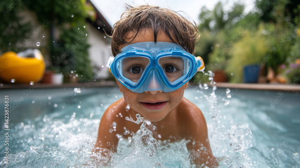 Naklejka premium Young boy wearing swim goggles playing in backyard pool.