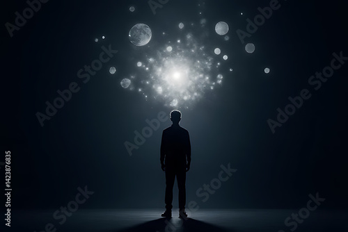 Contemplative individual surrounded by ethereal lights dark space digital art abstract concept