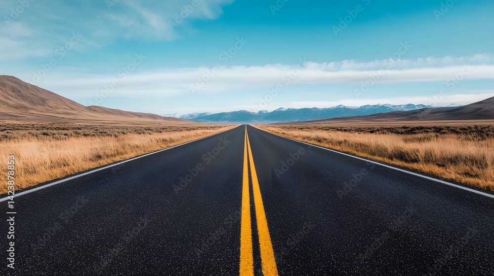 Naklejka premium Expansive Rural Road Winding Through Distant Mountains Evoking Peacefulness and Adventure