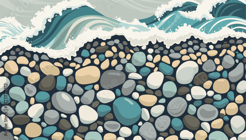 Landscape of a rocky beach with a large wave crashing in the background. The painting has a serene and calming mood, with the rocks and water creating a sense of tranquility