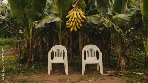 Two slightly worn white plastic chairs surround by a lush tropical setting with dense banana trees. 15