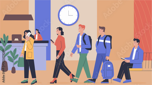 A group of people are walking in a hallway with a clock on the wall and reception desk. Colorful vector illustration