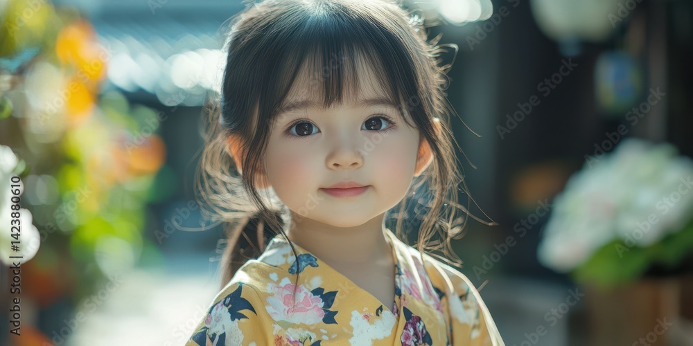 Child in traditional clothing smiles in a vibrant flower market during a sunny day
