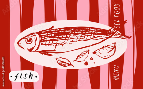 modern food illustration, cover, poster, with fish on the plate, spicy, hand drawn sink ketch, doodle, scribble, crayon, creative,  vector