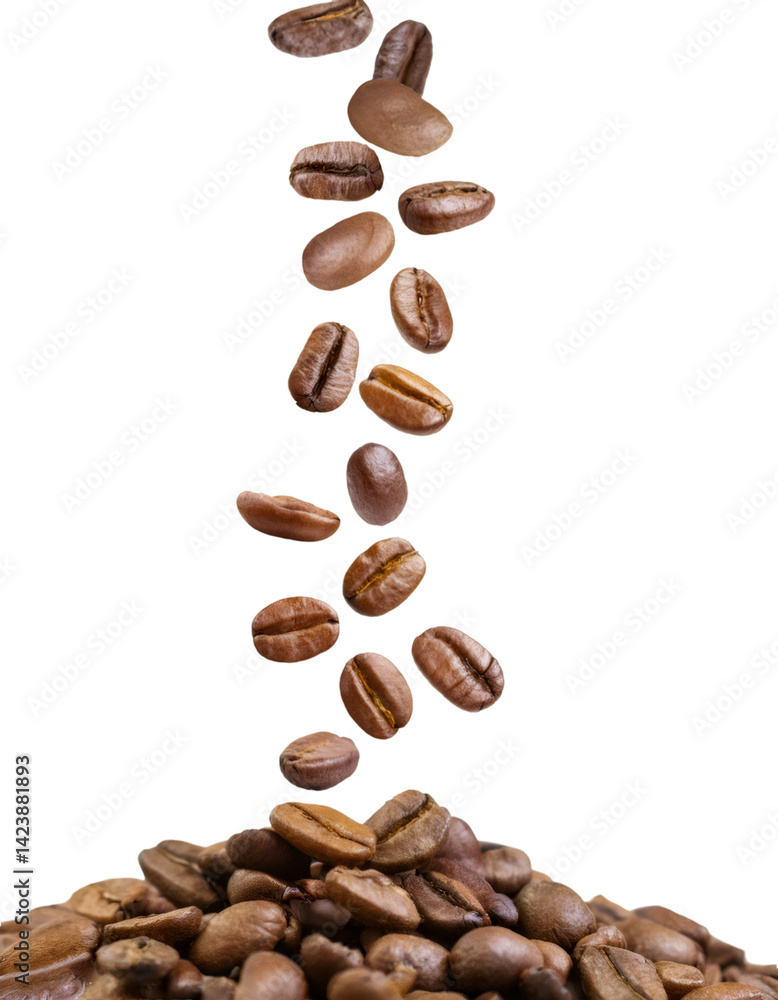 Coffee beans cascading, forming scattered heap against transparent surface