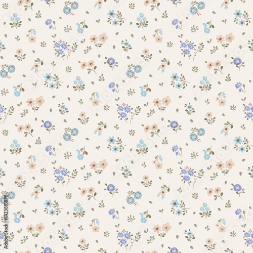 Ditsy floral seamless pattern. Small little flower pattern background. Repeat pattern. Ditsy print. Liberty style. Botanic surface design. Ditsy floral for fashion, texture, fabric, wrapping, decor