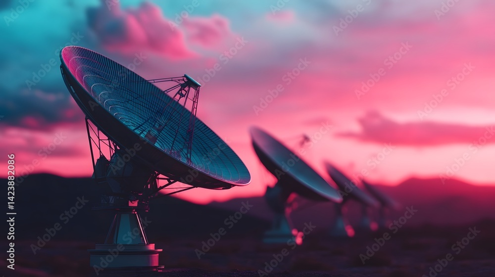 Fototapeta premium Satellite Communication Dishes Silhouetted Against Vibrant Sunset Sky in Remote Landscape