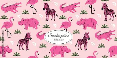 Modern abstract seamless pattern with hand-drawn pink flamingos, hippos, crocodiles, zebras and birds. Vector design of bed linen, fabric, wallpaper, wrapping paper and more.