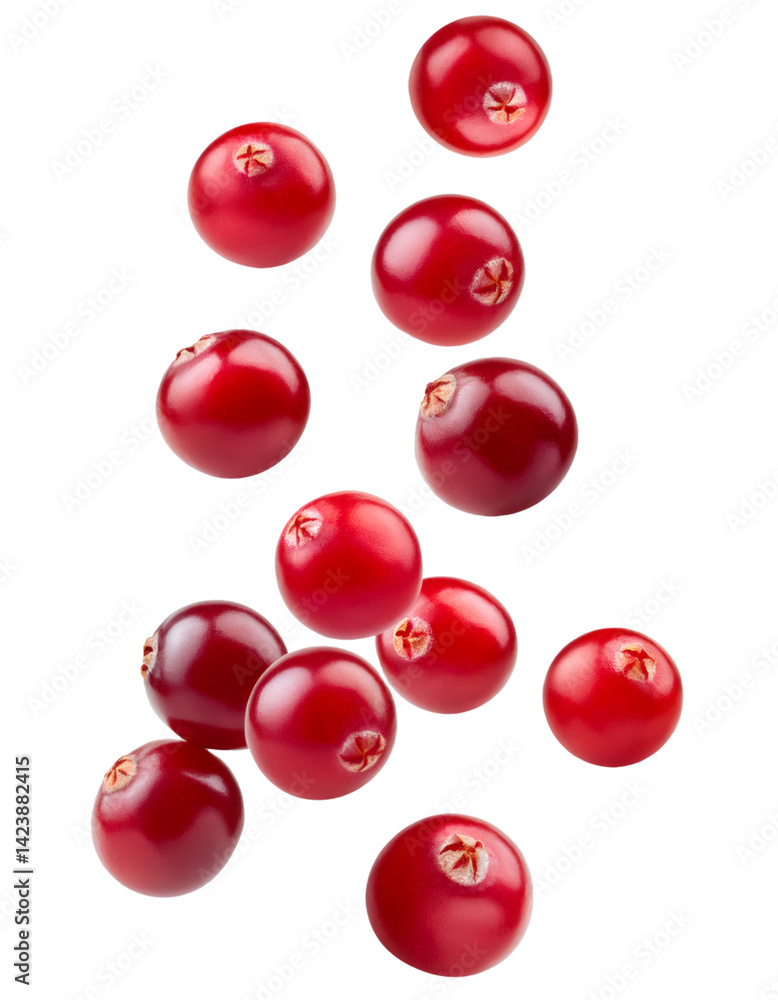 Vibrant red cranberries dropping, splashing against clean transparent surface with fresh, dynamic motion