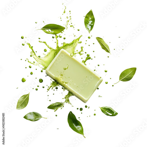Green soap bar surrounded by leaves and a splash of liquid