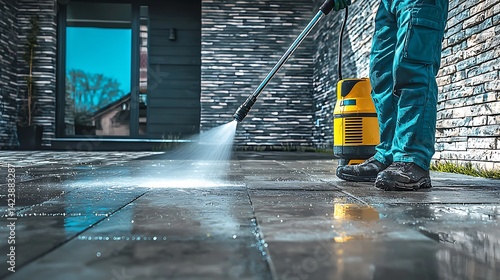 Exterior patio cleaning with high-pressure washer