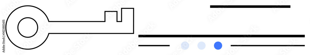 Abstract key with bold lines and rounded shape alongside horizontal lines and circular dots. Ideal for security, access, technology, data, minimalism, design, simple landing page Abstract key with bold lines and rounded shape alongside horizontal lines and circular dots. Ideal for security, access, technology, data, minimalism, design, simple landing page
