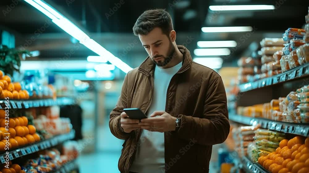 A confident man in a brown jacket stands near the produce section, holding his smartphone. Bright lights illuminate stacks of oranges and snack shelves as he engages with his mobil