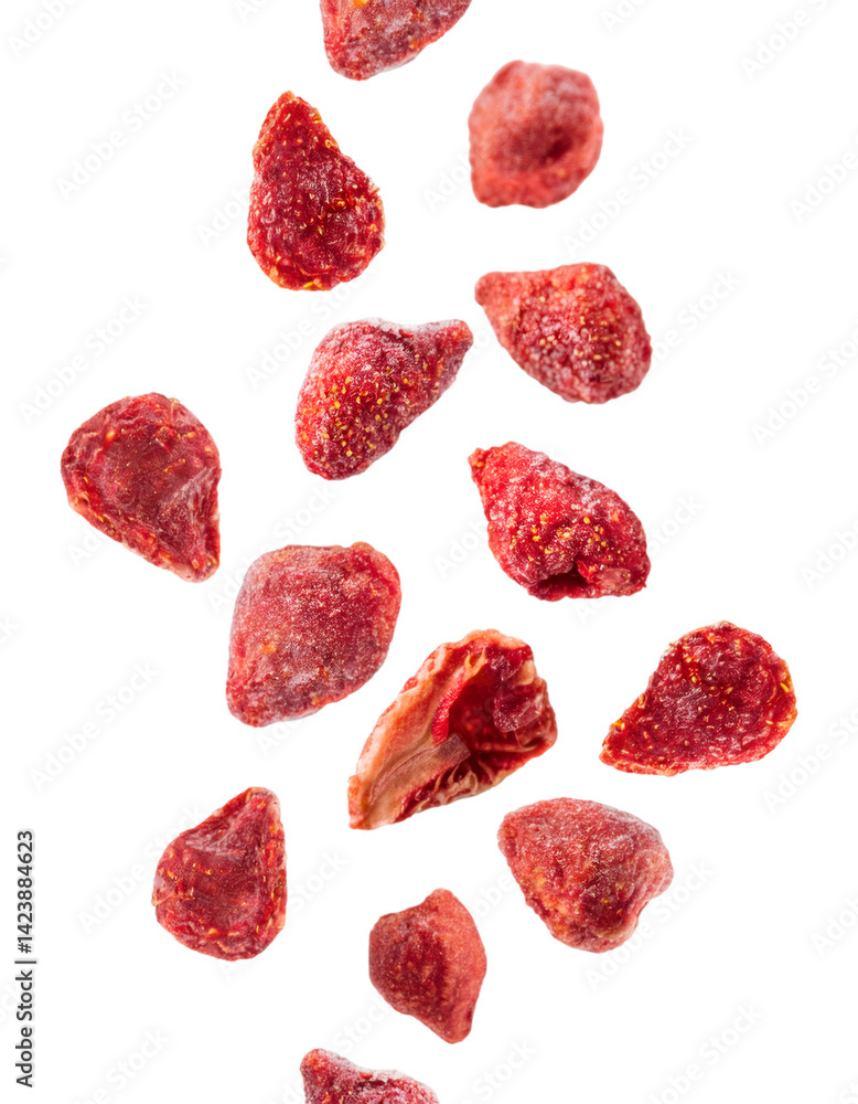 Freeze dried strawberries falling against a transparent background, creating a dynamic and appetizing visual with a clipping path for easy integration