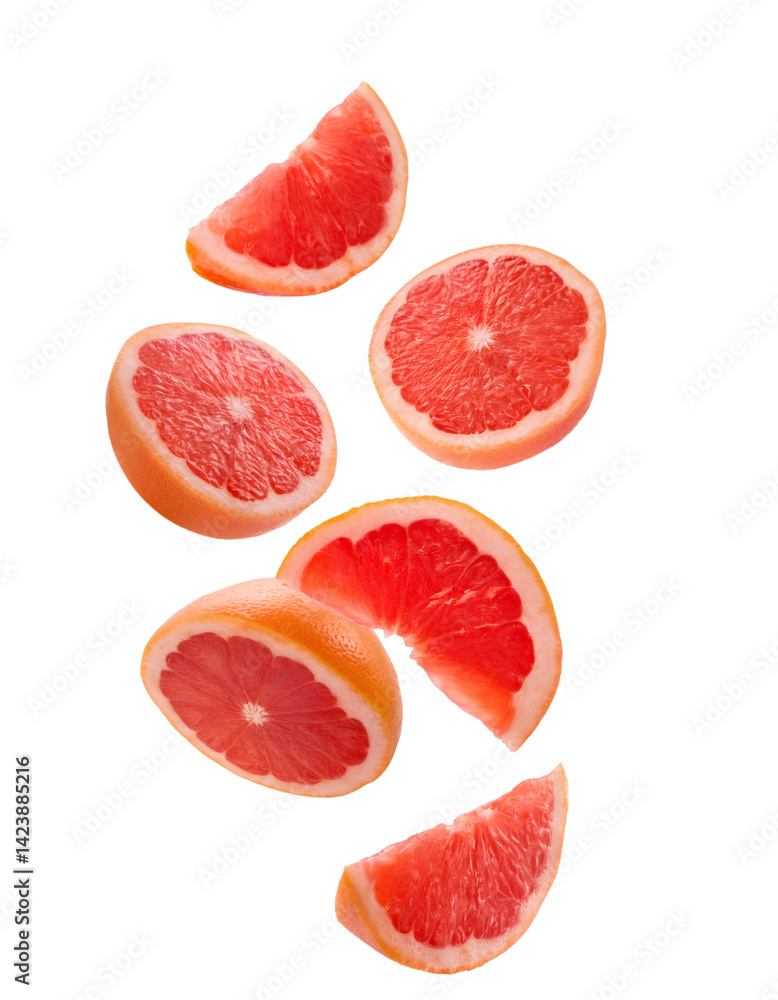 Fresh grapefruit slices and halves falling on transparent background, perfect for healthy eating and fruit based projects Fresh grapefruit slices and halves falling on transparent background, perfect for healthy eating and fruit based projects