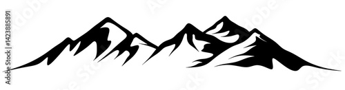 Minimalistic black mountains on transparent background PNG. Mountain logo. Painted mountain peaks, clipart. Illustration of mountain for applying on hiking equipment for mountaineers.