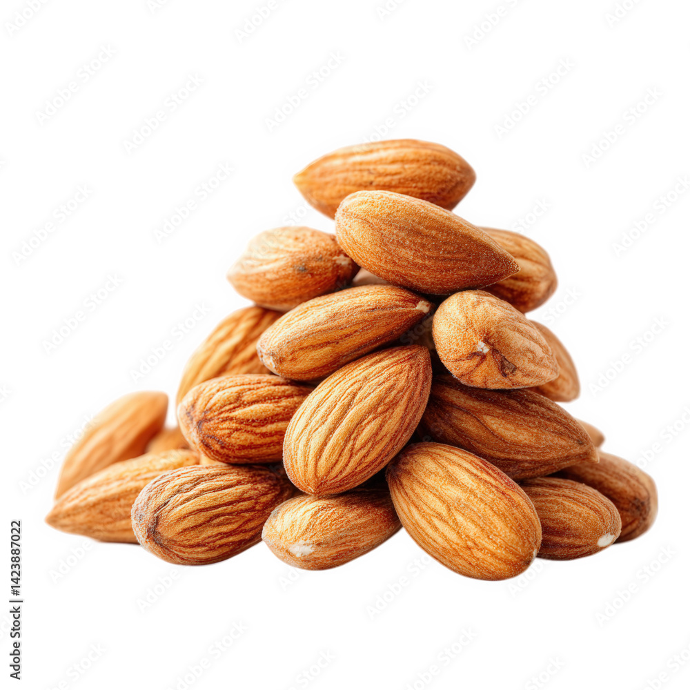 Natural raw almonds stacked neatly on a transparent background showcasing their textured surface and brownish hue with a clean look suitable for various uses Natural raw almonds stacked neatly on a transparent background showcasing their textured surface and brownish hue with a clean look suitable for various uses