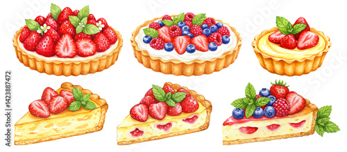 苺とブルーベリーとラズベリーのタルトケーキの水彩風イラストセット ホイップ生クリームのスイーツ
