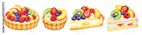 フルーツタルトとショートケーキとの水彩風イラストセット ホイップ生クリームのスイーツ 苺/ブルーベリー/キウイ/ラズベリー