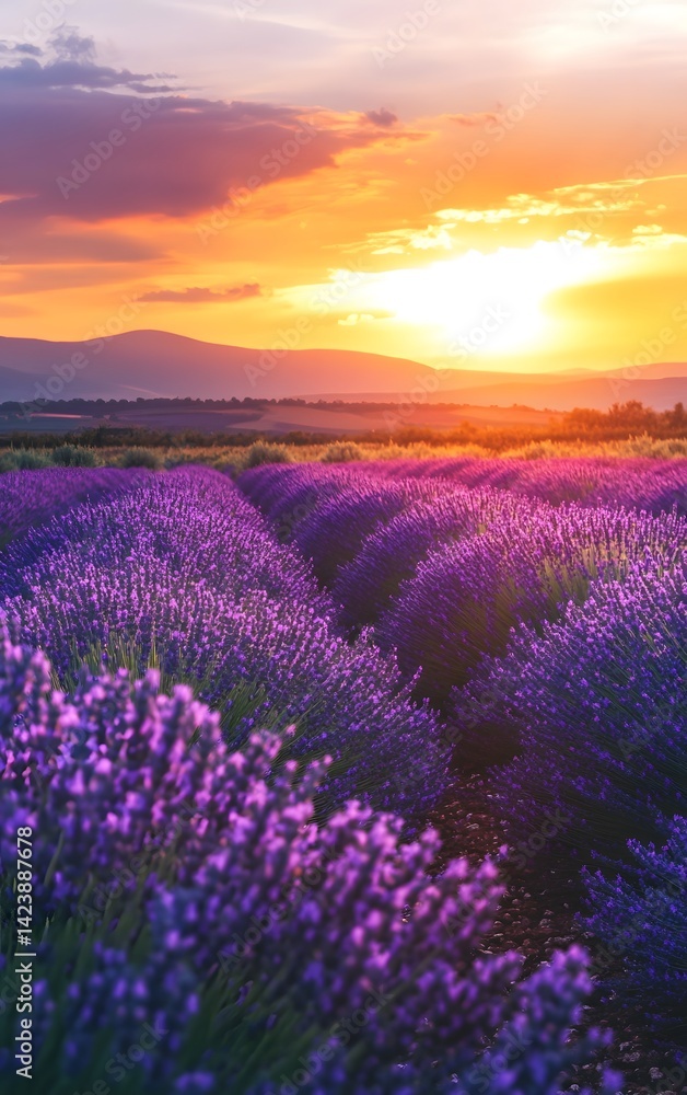 Fototapeta premium A stunning lavender field at sunset, showcasing vibrant colors and a peaceful landscape, perfect for nature and relaxation themes.