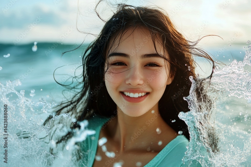 Obraz premium Stunning and hot happy asian young woman in green tight t-shirt enjoying turquoise sea, splashes around her. Happy stress-free retreat getaway idea layout. Bright Ñommercial style.
