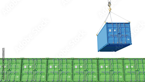 Bild auf Leinwand Blue container lowered onto a green wall of cargo containers