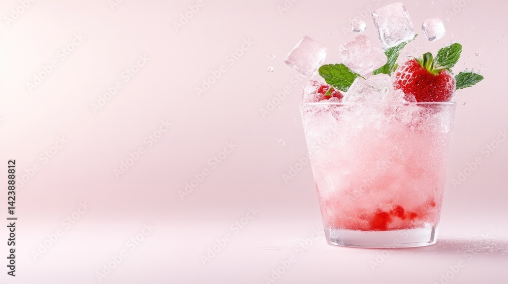 A refreshing strawberry cocktail served in a clear glass with ice cubes and fresh mint leaves, placed on a soft pink background, and summer beverage concept. A refreshing strawberry cocktail served in a clear glass with ice cubes and fresh mint leaves, placed on a soft pink background, and summer beverage concept.