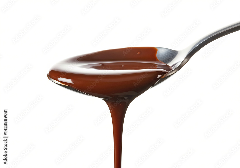 Melted chocolate in spoon details highlighted by local light. Isolated on a white background. Melted chocolate in spoon details highlighted by local light. Isolated on a white background.