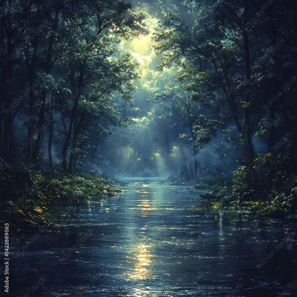 Fototapeta premium Serene river view illuminated by ethereal light through a dense forest