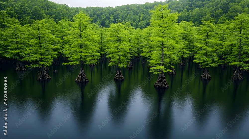 Surreal cypress forest rising from tranquil lake in lush green wilderness landscape Surreal cypress forest rising from tranquil lake in lush green wilderness landscape
