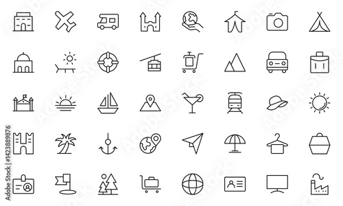 Tourism outline icon set. Airplane, trip, beach, passport, summer vacations, luggage, camping, hotel. Collection of traveling and tourism elements. Vector illustration.