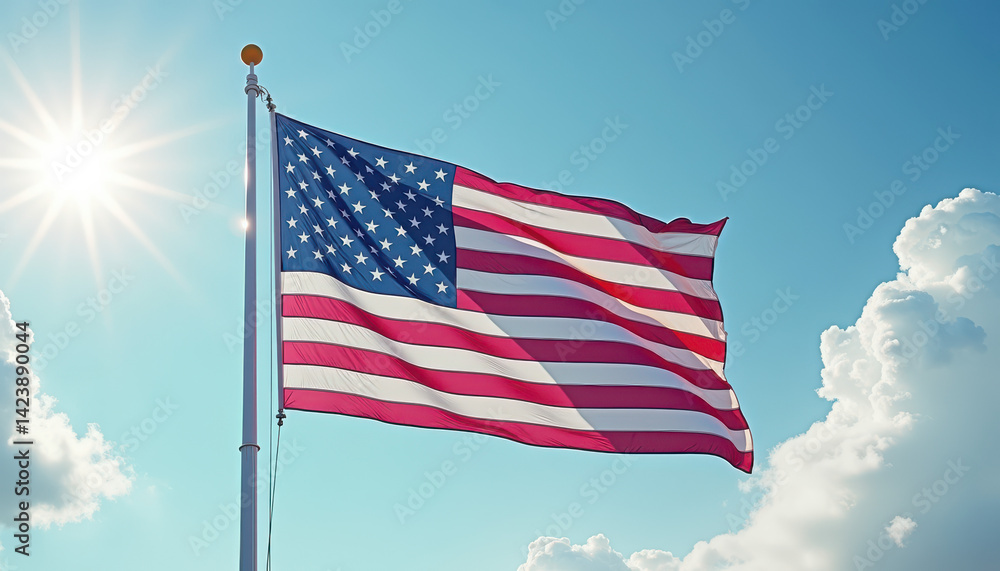 Obraz premium 4th of July. Close-up of USA flag fluttering against a bright blue sky, perfect for Independence Day, national pride visuals, or government event promotion