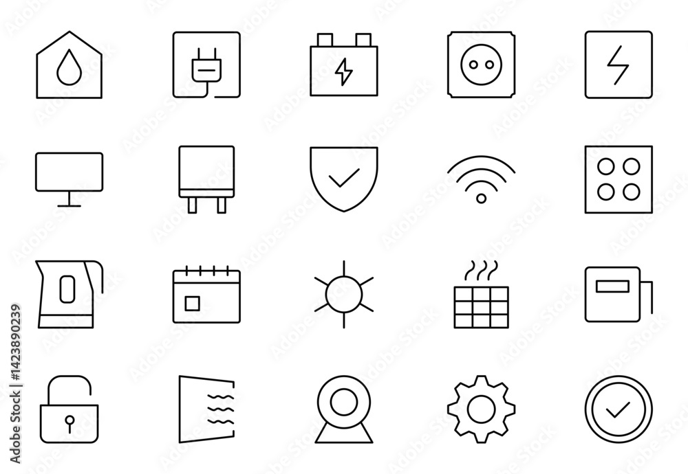 Smart house Line icon set. Sustainable development. Contains such icons as renewable energy, autonomous building, air and water quality. Smart house Line icon set. Sustainable development. Contains such icons as renewable energy, autonomous building, air and water quality.