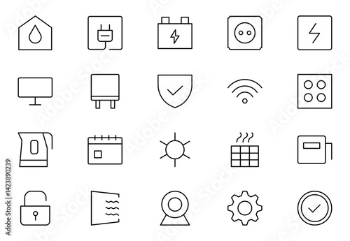 Smart house Line icon set. Sustainable development. Contains such icons as renewable energy, autonomous building, air and water quality.
