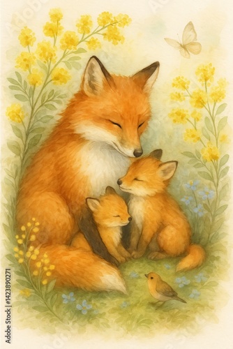Adorable watercolor-style illustration of a mother fox tenderly cuddling her three fox kits in a peaceful spring meadow. Surrounded by blooming yellow mimosa, delicate wildflowers, a bird