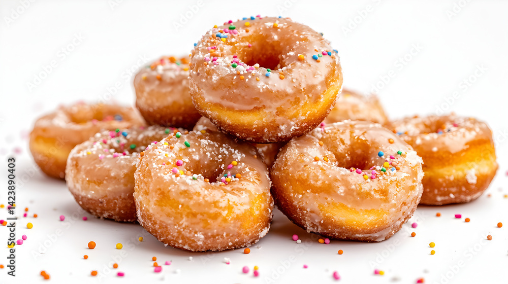 A stack of glazed donuts with sprinkles on top