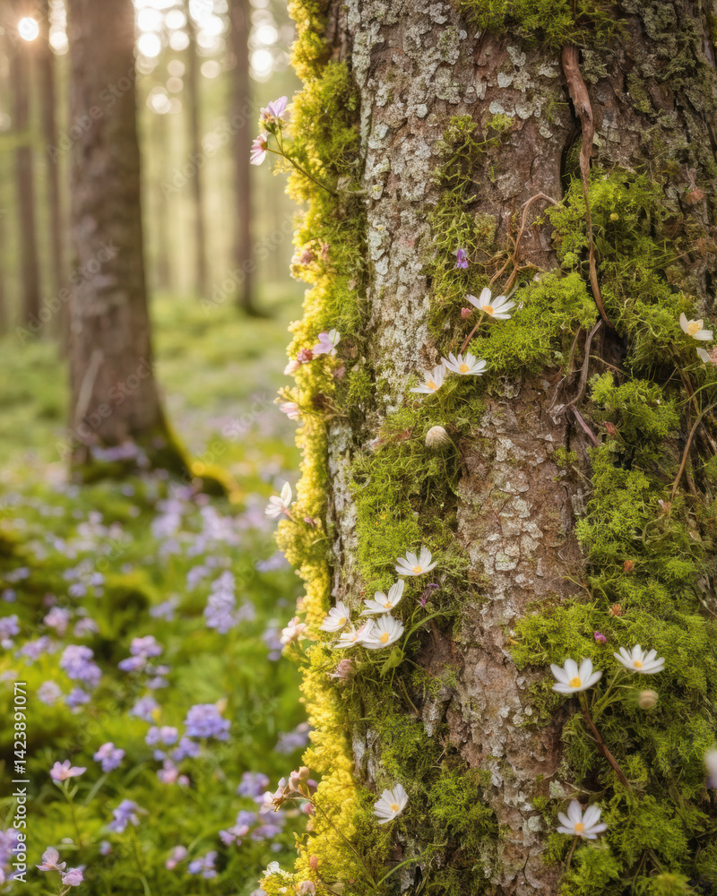 Obraz premium A serene forest scene featuring a moss-covered tree trunk adorned with delicate flowers, surrounded by colorful wildflowers.