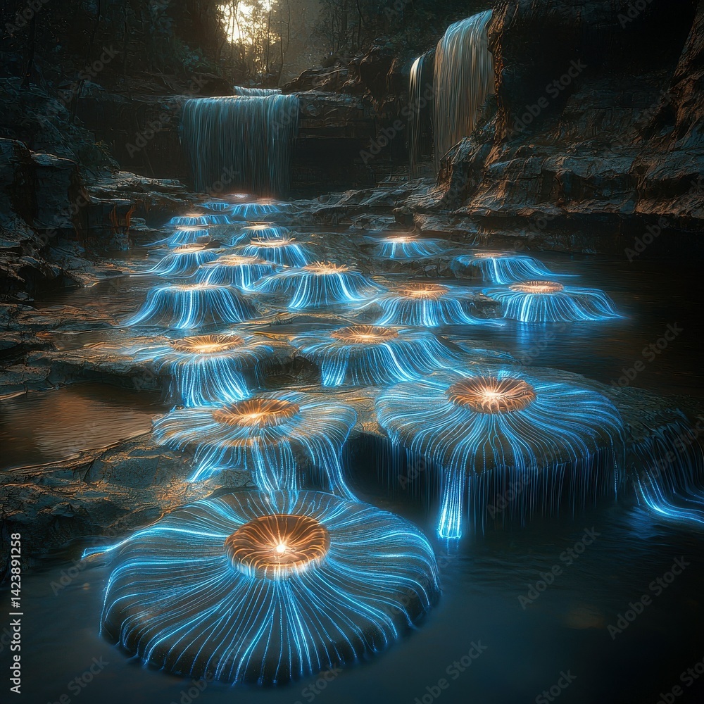 Naklejka premium Ethereal Glow of Bioluminescent Fungi by Tranquil Waterfalls in a Mystical Forest Setting at Dusk, Capturing Nature's Enchantment and Serenity