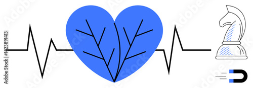 Blue heart with tree-thumbs up veins, heartbeat line, knight chess piece, and magnet symbolizing vitality, strategy, and attraction. Ideal for health, decision-making, balance energy magnetism