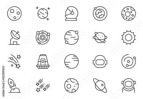 Space and Technology line icon set. Containing satellites, the universe, astronauts, rockets, comets, telescopes and planets, and more icons