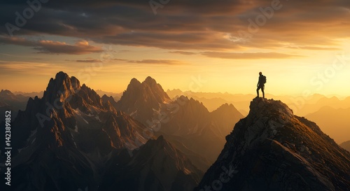 Mountain Climber on Peak at Sunset