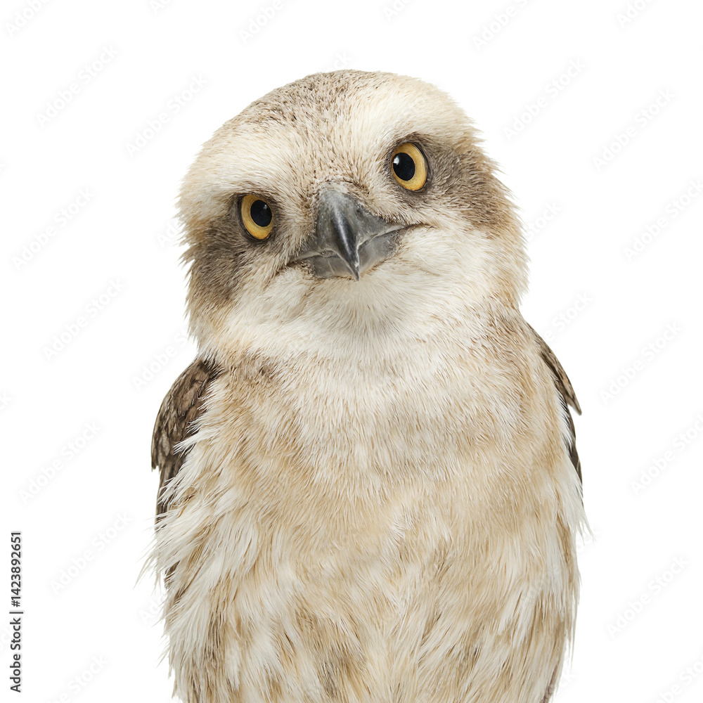 Obraz premium Isolated wide eyed kookaburra bird with a funny expression in a central headshot