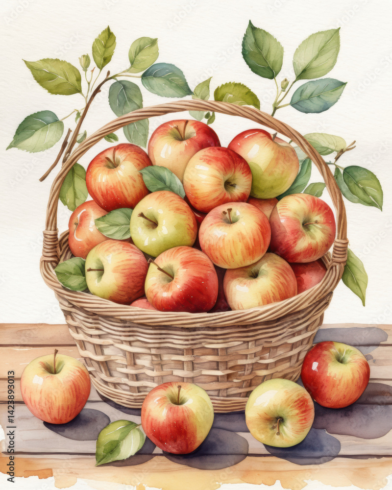 A vibrant watercolor of fresh apples in a woven basket on a rustic wooden table. Ideal for food themes. A vibrant watercolor of fresh apples in a woven basket on a rustic wooden table. Ideal for food themes.